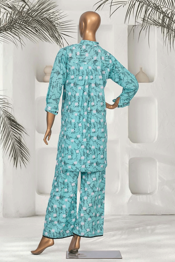 Back view of Aamsah's aqua blue printed co-ords set, showcasing the cohesive pattern flow and elegant design of the ensemble.