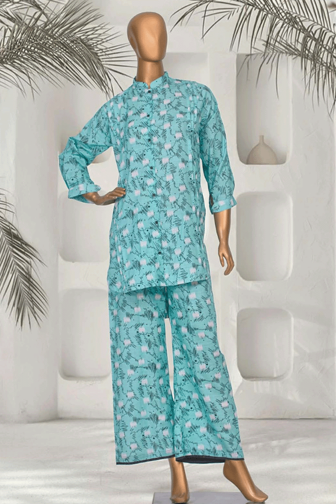 Full-length view of Aamsah's aqua blue printed co-ords set featuring a stylish kurta and matching pants, perfect for casual and semi-formal occasions.