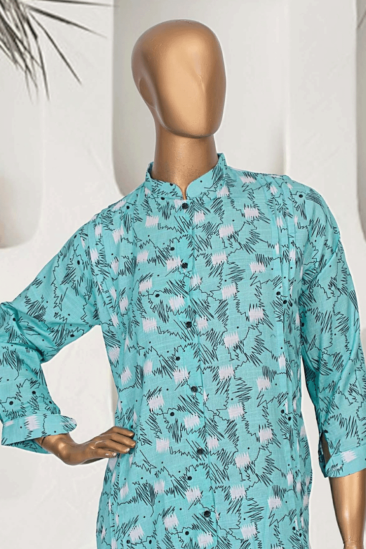 Close-up view of Aamsah's aqua blue printed kurta with detailed floral patterns, highlighting the vibrant design and tailored fit.