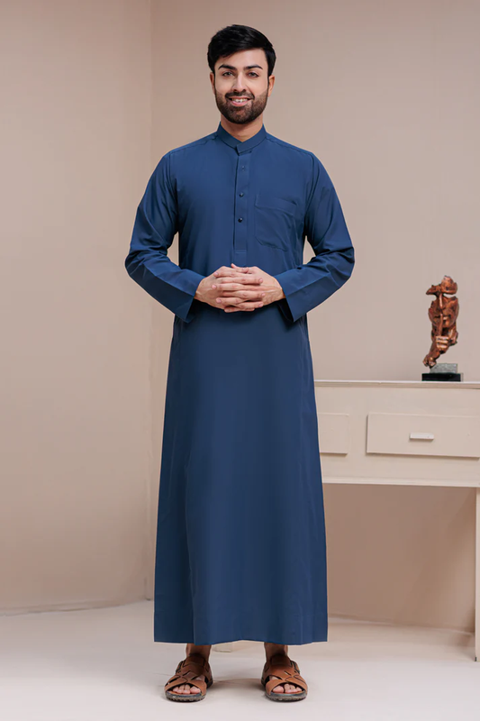 Aamsah navy blue Kuwaiti thobe with breathable fabric, round sleeves, and subtle Dishdasha influence, ideal for traditional and modern wear. Competitors: Alhannah Islamic Clothing and Modest Threads.