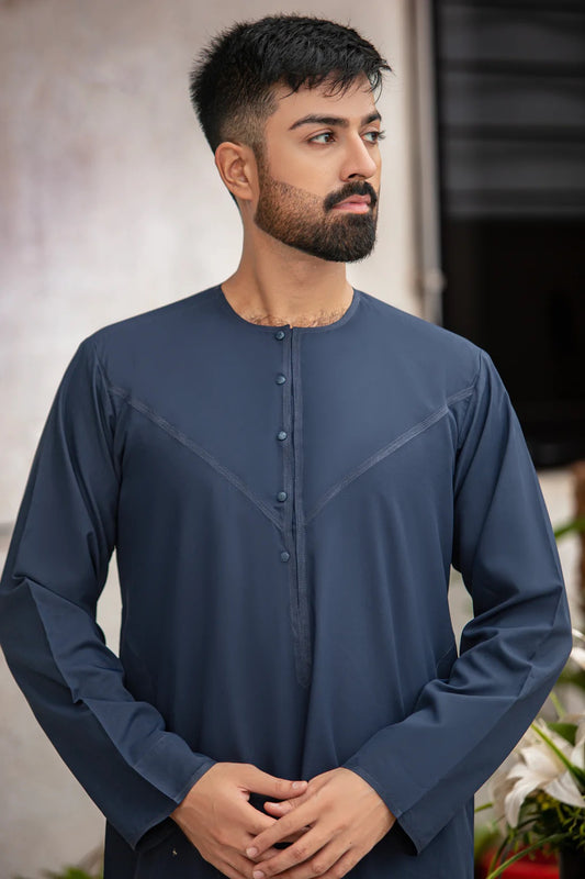 Navy blue thobe with round neck and touch buttons, full-length design, crafted with premium fabric for a modern and elegant look.