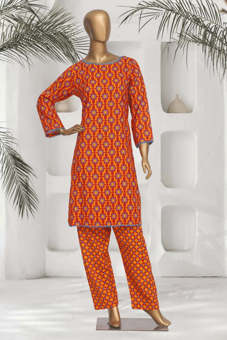 Aamsah's Sunset Orange Khaddar Kurta Set with sky blue geometric stars, showcasing traditional elegance and modern design, distinct from East Essence offerings.