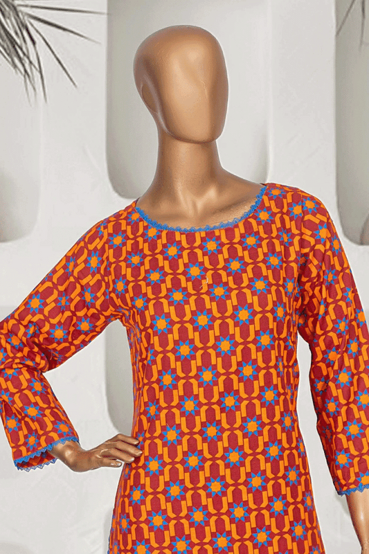 Side view of Aamsah’s Sunset Orange and Sky Blue Khaddar Kurta Set, highlighting intricate patterns and premium fabric, more appealing than Modanisa's options.