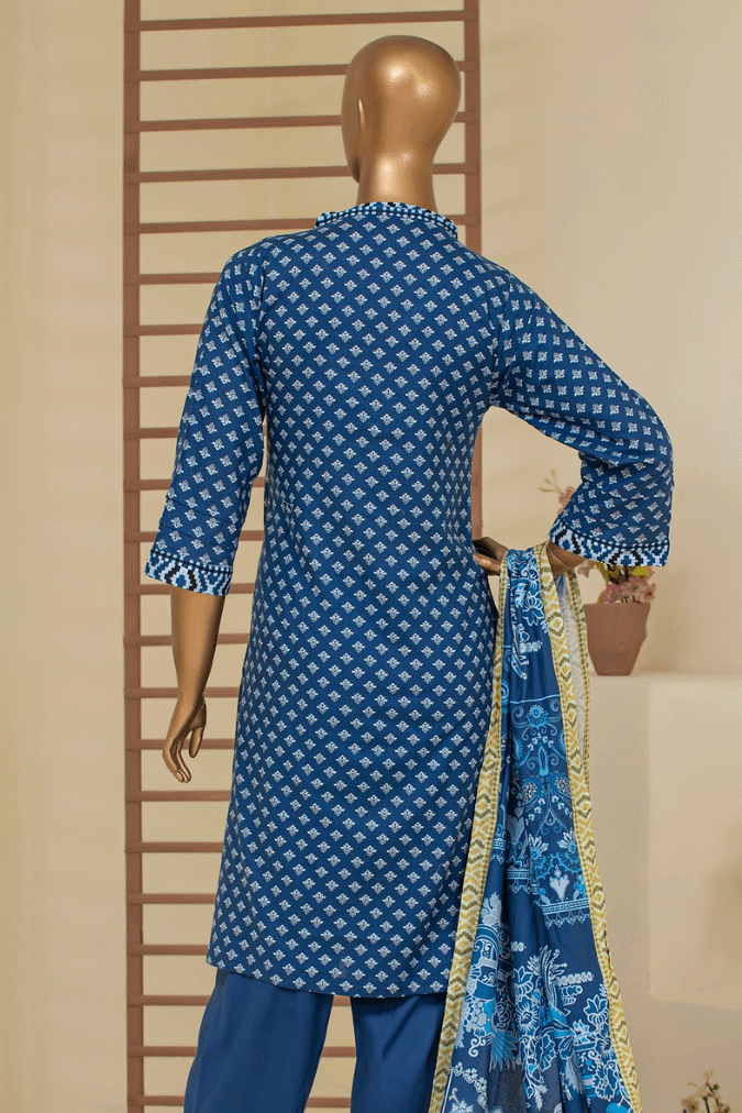 Elegant Pakistani and Indian fashion 3-piece suit featuring indigo cambric cotton kurta, pants, and chiffon dupatta by Aamsah