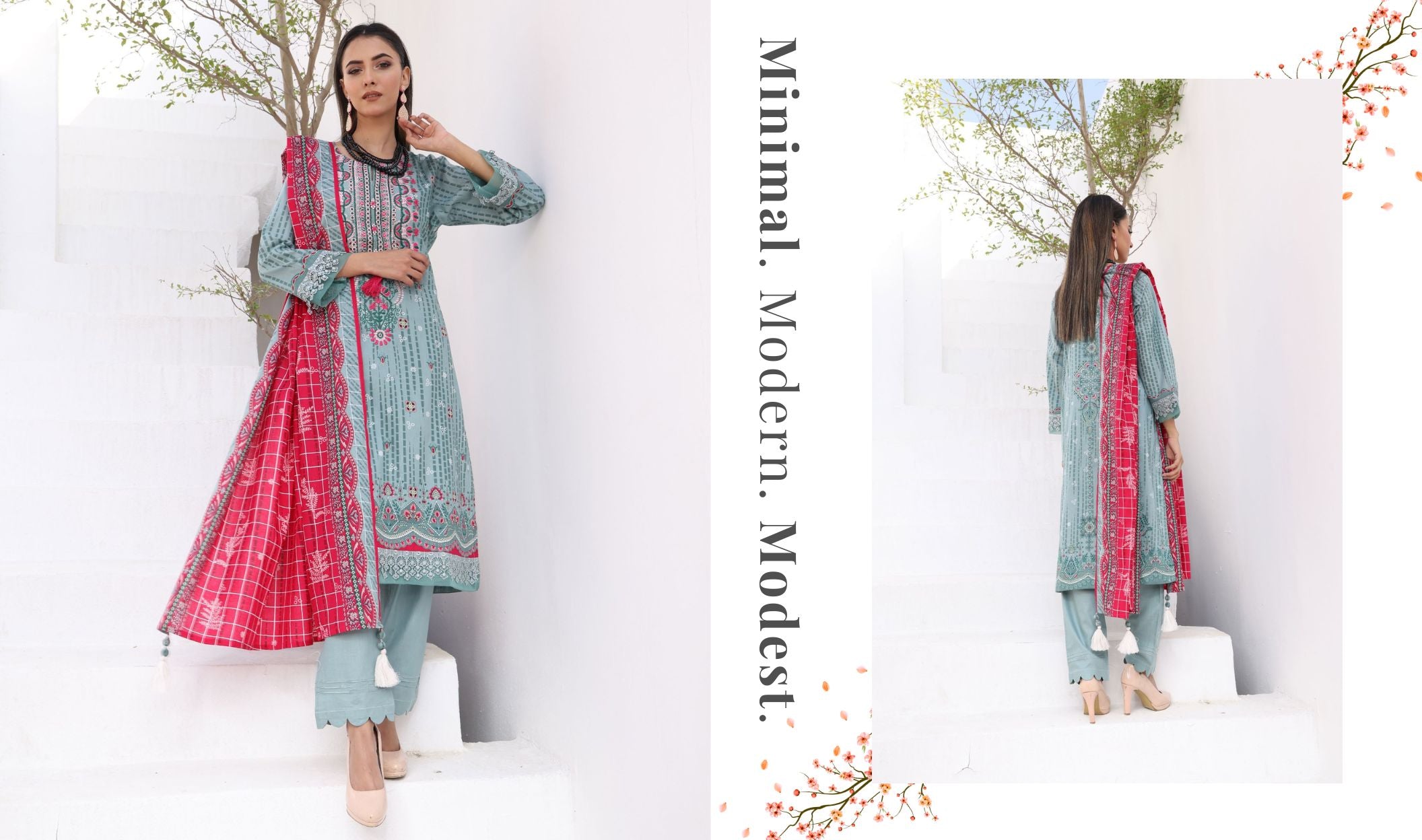 Aamsah's muslim traditional Pakistani kurta salwar in pastel blue with vibrant red dupatta, featuring intricate floral embroidery. Perfect blend of modest fashion and modern elegance for women.