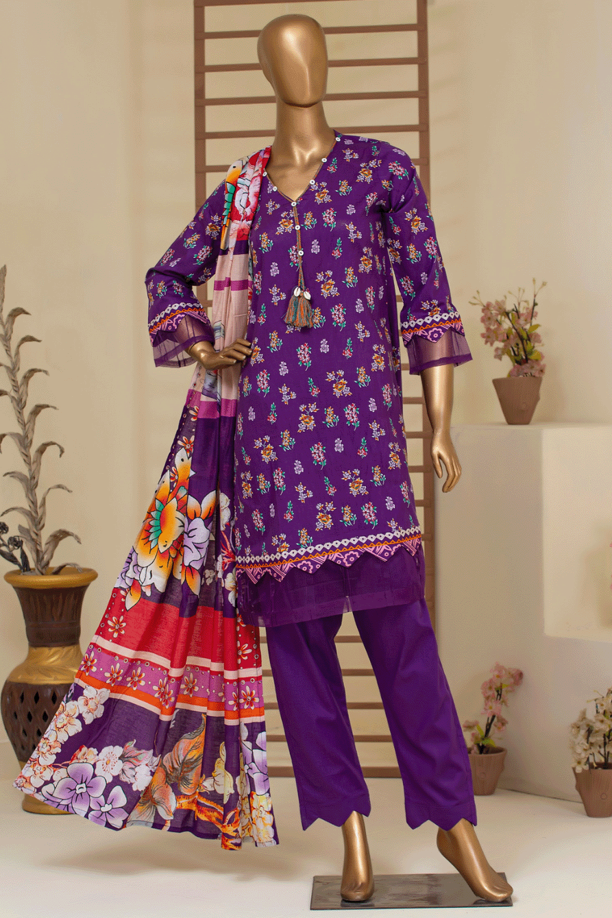 Back view of Aamsah's purple floral suit, showcasing a style comparable to offerings from W for Woman and Global Desi.