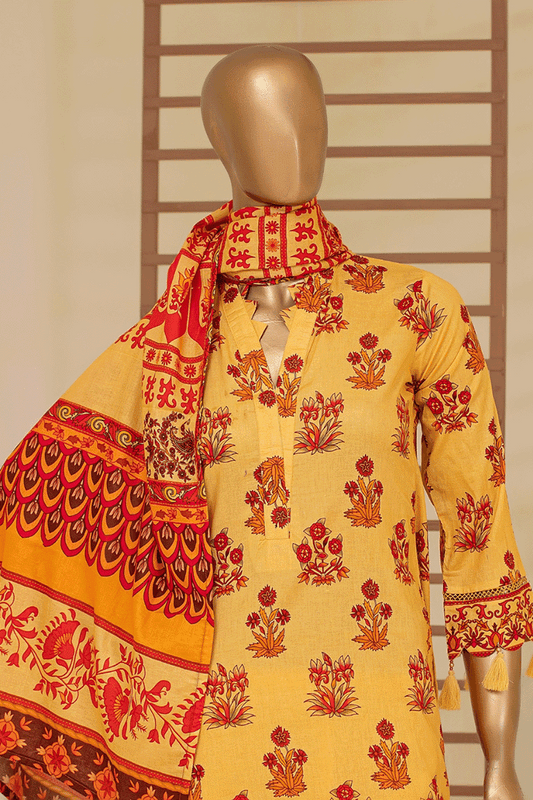 Aamsah's saffron gold floral kurta with red embroidery, showcasing traditional elegance.