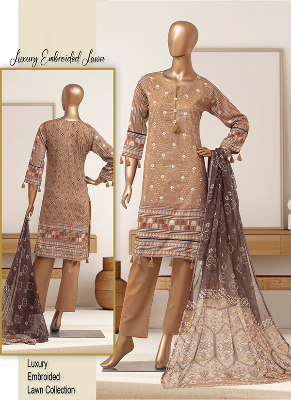 Luxury brown embroidered lawn set by Aamsah, featuring a stitched kurta, tailored pants, and dupatta, perfect for modest Pakistani fashion.