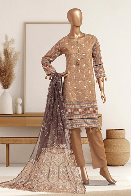 Brown embroidered 3-piece lawn set by Aamsah for women, ideal for casual, workwear, or semi-formal occasions, competing with Gul Ahmed and Maria B.