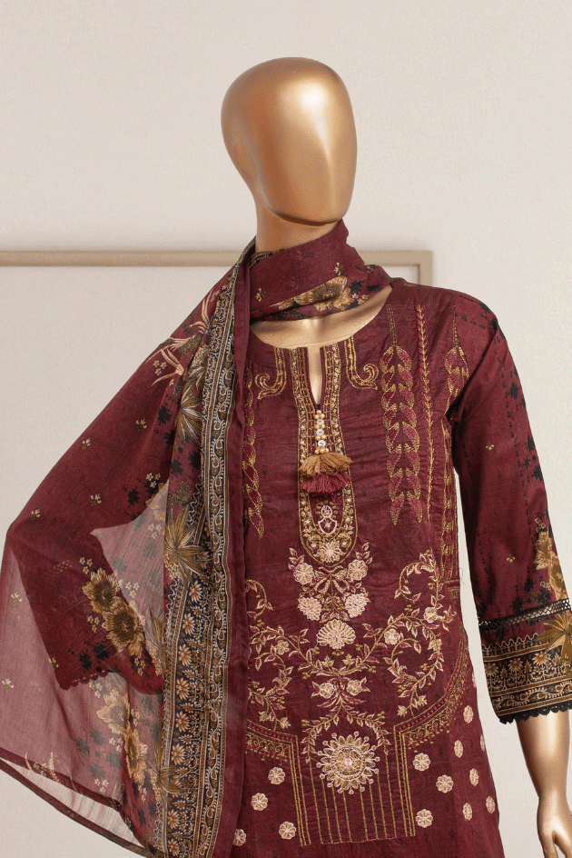 Luxury burgundy embroidered lawn set by Aamsah, featuring a stitched kurta, pants, and dupatta, perfect for Pakistani fashion trends.