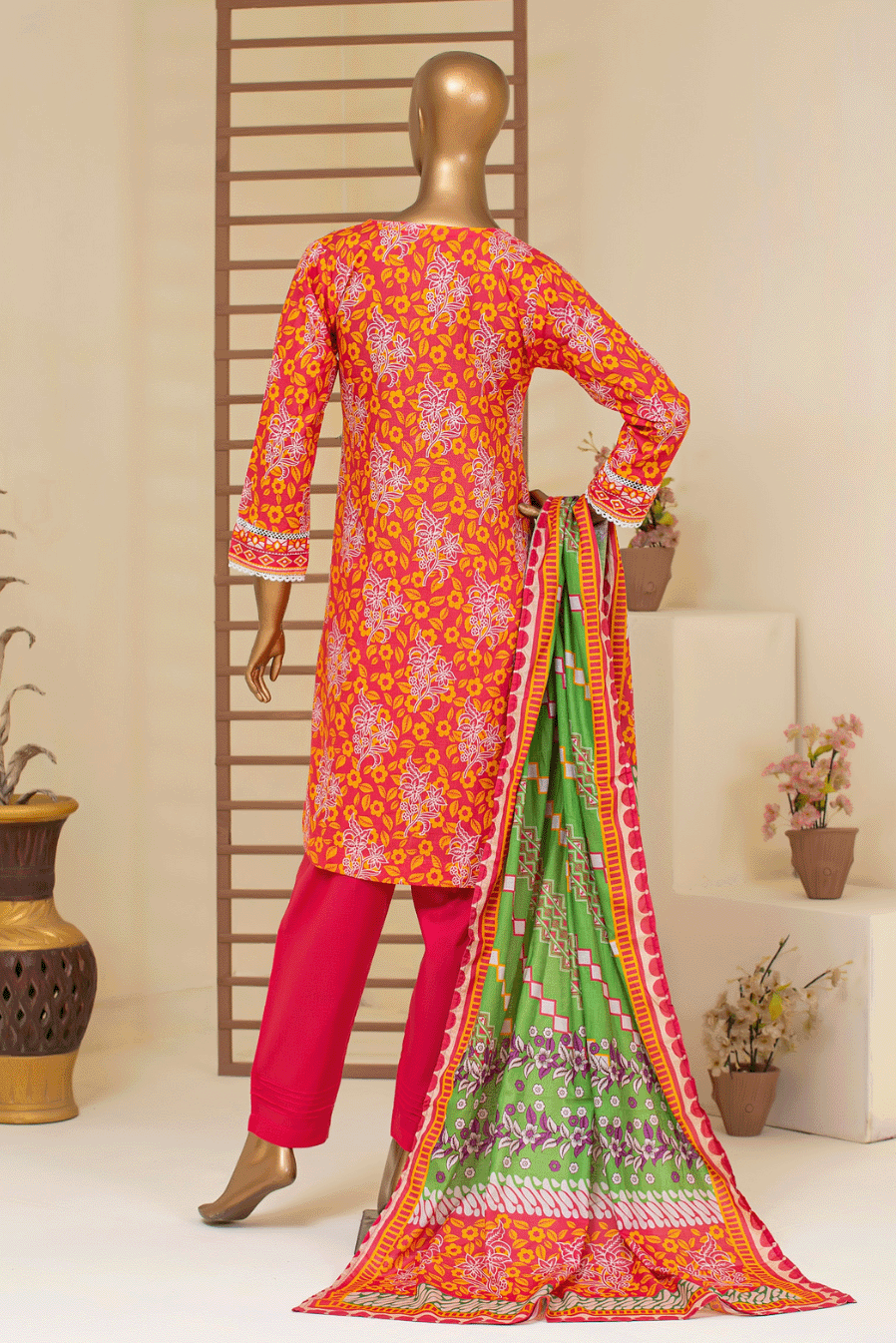 Bright Tangerine Floral Kurta with intricate white floral patterns by Aamsah, perfect for festive Pakistani fashion trends