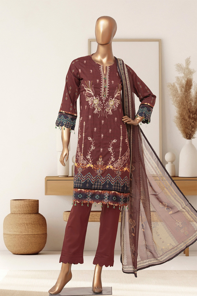 Maroon embroidered 3-piece lawn set by Aamsah, perfect for casual, workwear, or semi-formal occasions, inspired by Gul Ahmed and Maria B.