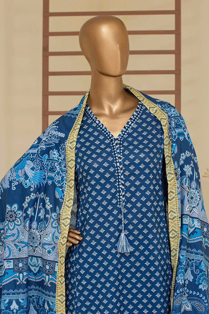 A sophisticated indigo and white 3-piece Pakistani suit for women with a chiffon dupatta and comfortable cambric cotton fabric.