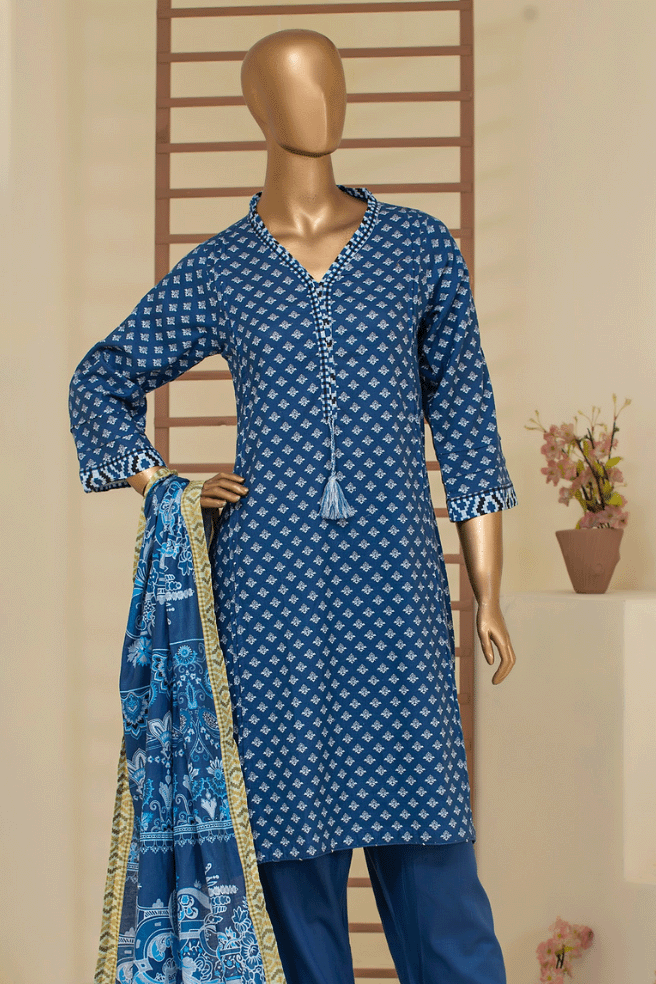 Aamsah’s Indigo Bliss 3-piece stitched cambric cotton suit in rich indigo blue with white floral prints, paired with a printed chiffon dupatta.