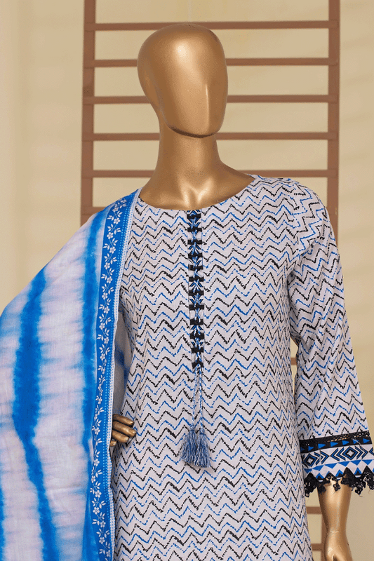 Elegant light blue chevron kurta with matching tie-dye dupatta and white pants, part of Aamsah’s spring collection.