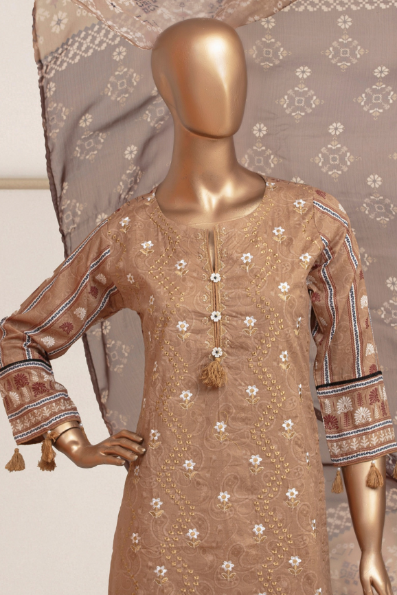 Aamsah brown embroidered lawn outfit with intricate details, designed for modest fashion enthusiasts, inspired by Khaadi and Nishat Linen collections.