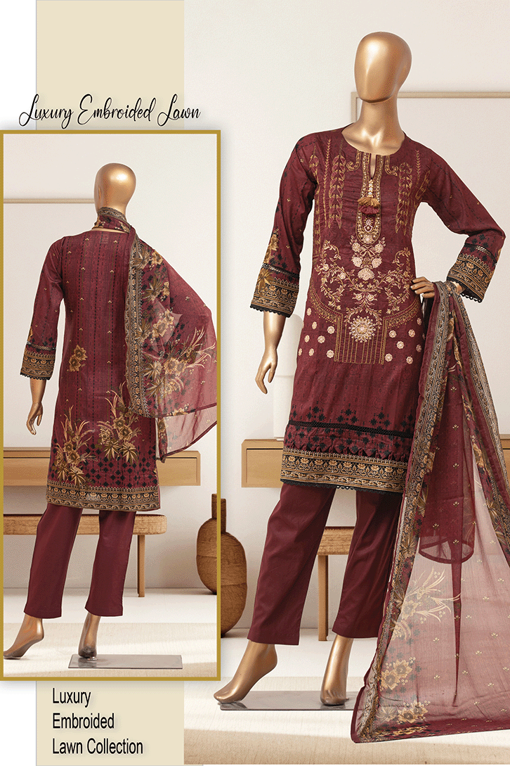 Aamsah luxury burgundy embroidered lawn set, blending traditional Pakistani and Indian designs with modern modest fashion.