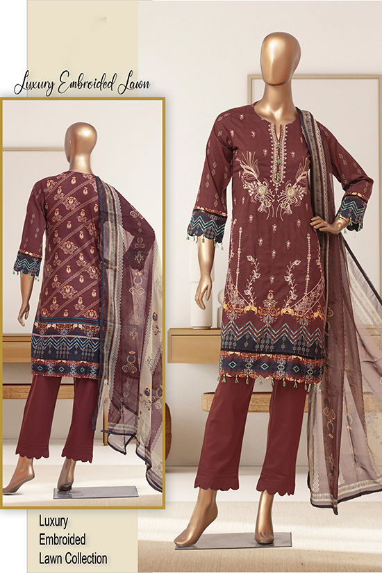 Aamsah maroon embroidered lawn outfit with intricate floral and geometric details, designed for modest fashion enthusiasts.