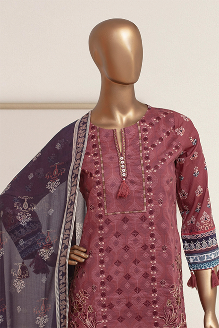 Luxury maroon embroidered lawn set by Aamsah, featuring a stitched kurta, straight pants, and a dupatta, ideal for modest Pakistani fashion.