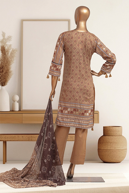 Elegant 3-piece brown embroidered lawn set by Aamsah, featuring premium fabric and design, perfect for Muslim and Pakistani, Indian and Bangladeshi fashion lovers.