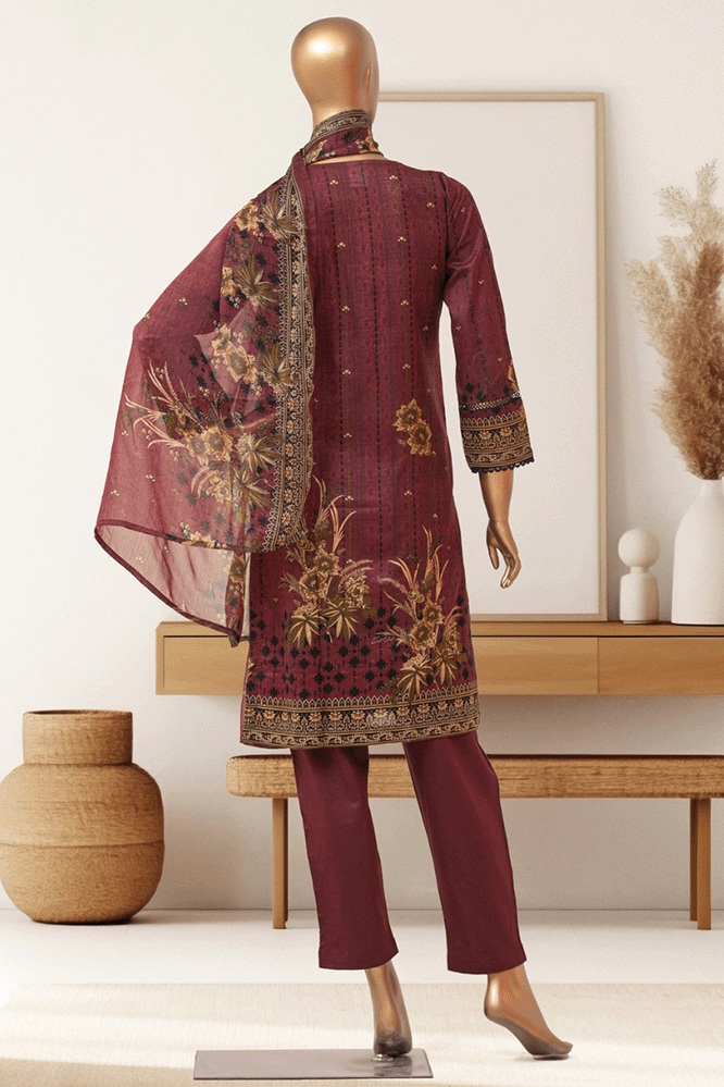 Luxury burgundy embroidered lawn 3-piece outfit for women by Aamsah, perfect for workwear, casual outings, and festive occasions.