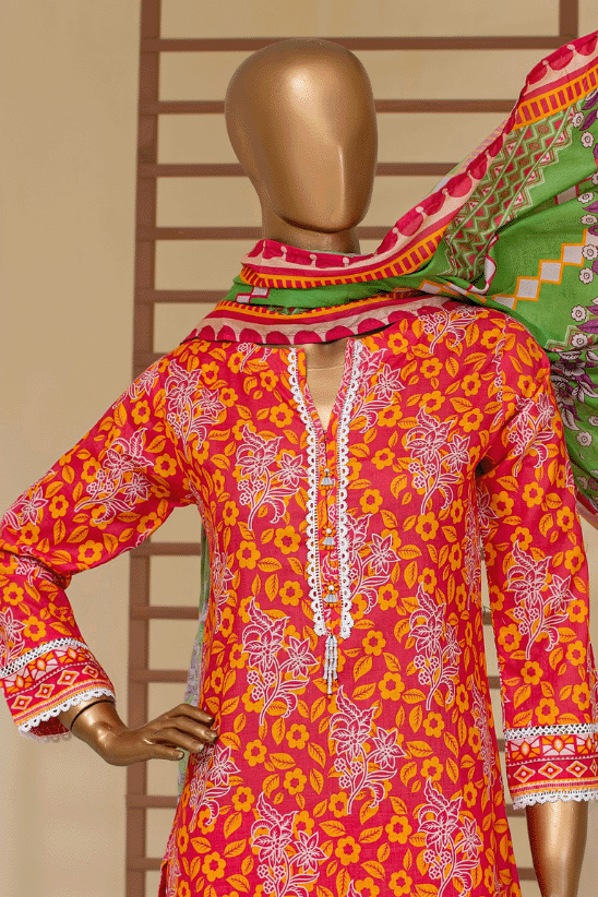 Bright Tangerine 3-piece set with green dupatta, ideal for Indian and Bangladeshi traditional wear collections.