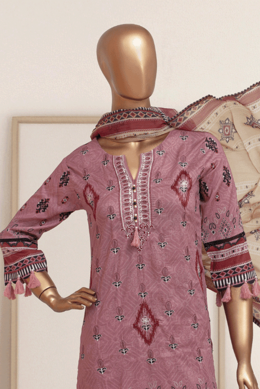 Elegant pink 3-piece embroidered lawn set by Aamsah, designed for modest fashion lovers, competing with Alkaram Studio and Sobia Nazir.