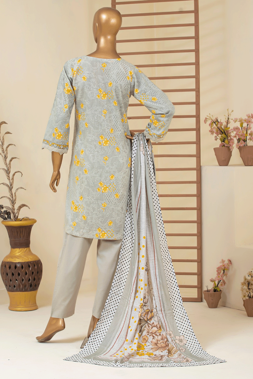 Elegant soft gray and yellow floral 3-piece suit in cambric cotton, perfect for women’s casual, work, or semi-formal wear.