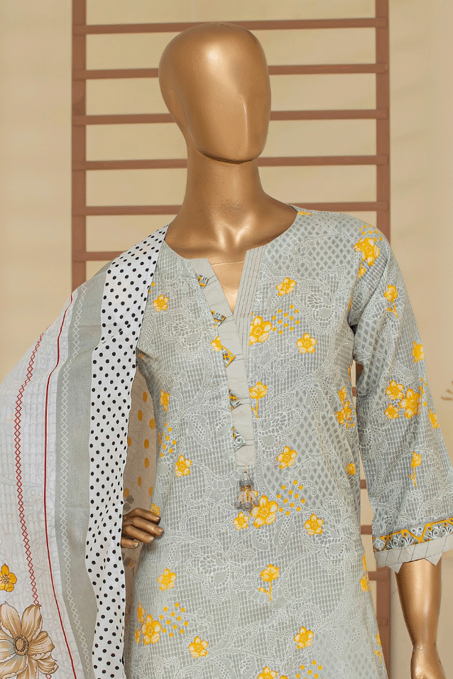 Soft gray and sunshine yellow 3-piece stitched cambric cotton suit for women with floral patterns and matching dupatta, ideal for Pakistani and Indian fashion trends