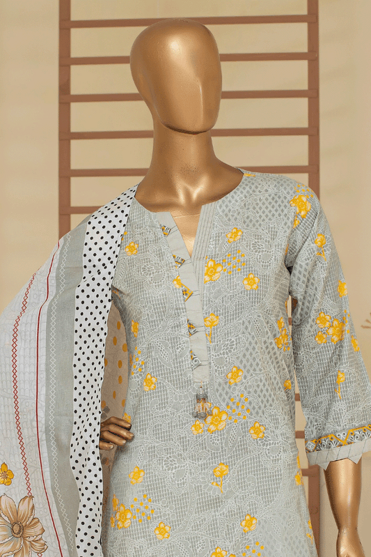 Soft gray and sunshine yellow 3-piece stitched cambric cotton suit for women with floral patterns and matching dupatta, ideal for Pakistani and Indian fashion trends