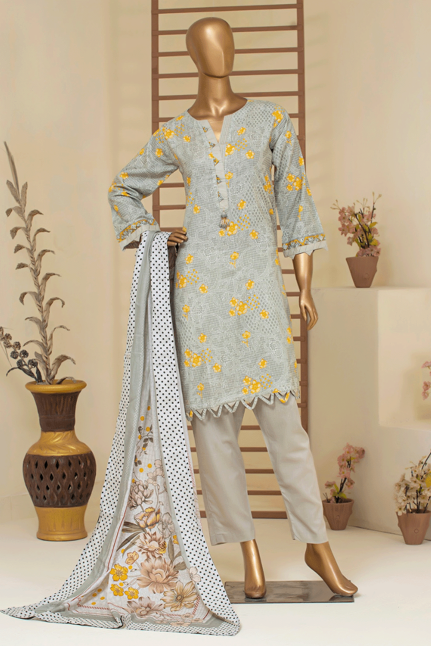 Gray and yellow floral stitched cotton suit, 3-piece design with kurta, pants, and matching dupatta for stylish and modest fashion.