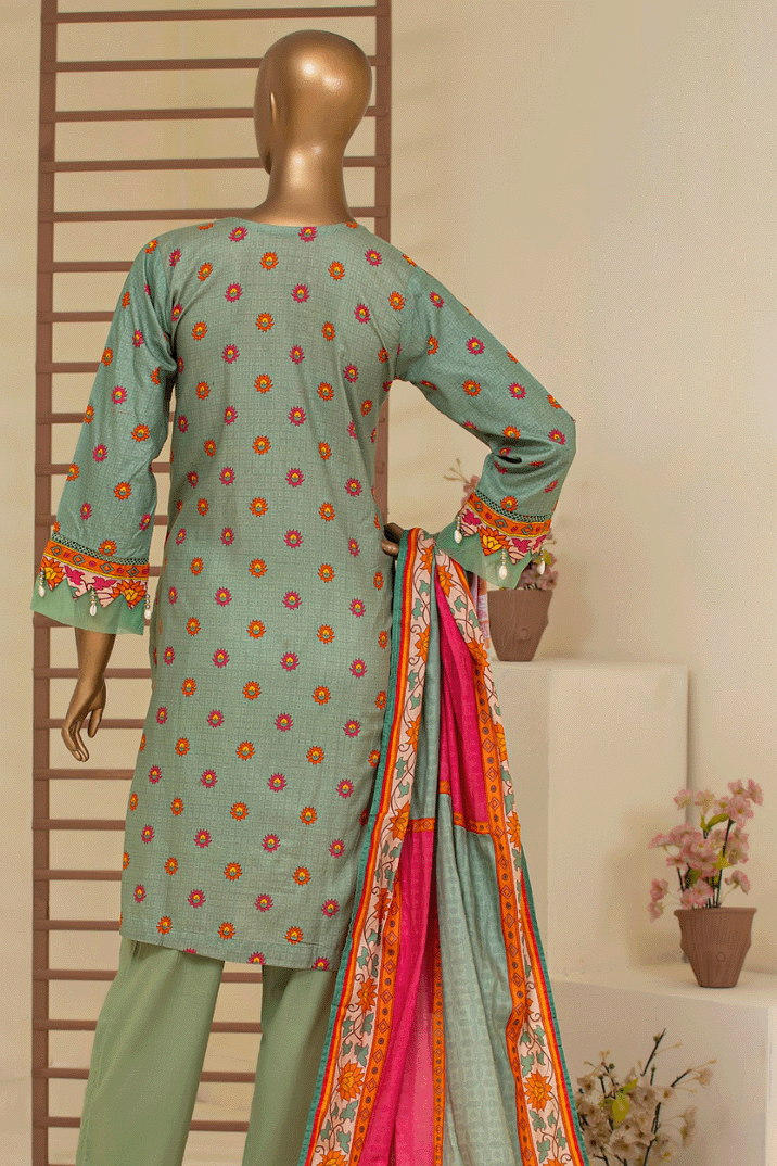 Tropical Teal Printed Cambric Cotton 3-Piece Stitched Suit featuring vibrant floral designs in orange and pink, perfect for Pakistani and Indian fashion lovers.