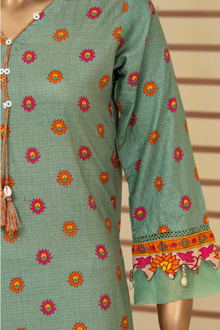 Teal green kurta with floral prints, paired with matching pants and a multicolored dupatta for a stylish spring or summer outfit.