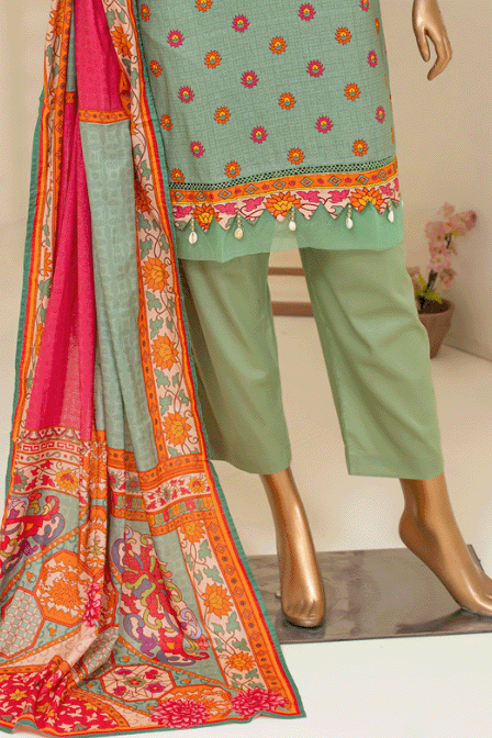 Bold and lively 3-piece stitched suit in cambric cotton with a teal green base, showcasing intricate floral patterns and a complementary dupatta.