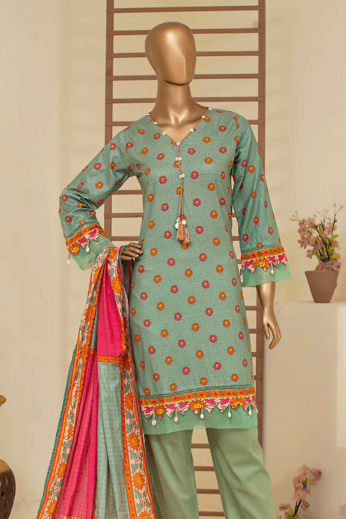 Tropical Teal 3-piece outfit with a colorful dupatta and shell tassel embellishments, ideal for vibrant women’s spring fashion.